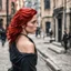 Placeholder: a girl with bright red hair, looking over her shoulder, scared, walking along a bust street