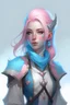 Placeholder: young female dnd air genasi cleric with pale blue skin and soft pink ombre hair