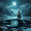 Placeholder: airbrush and pen outline, a glittering Deep Gnome (Svirfneblin) holding huge pickaxe balancing on frozen bridge pond, huge misty mountains and moon reflecting on pond, goa psy ambient in the style of vangelis and fsol, source vibrations, bokeh like f/0.8, tilt-shift lens 8k, high detail, smooth render, down-light, unreal engine, prize winning