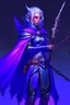 Placeholder: rogue moon elf, decorative cloak, blue skin, silver hair, purple eyes, amulet, blue fire, light ornate armor, long bow