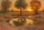 Placeholder: sunset, trees, rocks, pond, sand, rocky land, action movies influence, rock music videoclips influence, hans am ende, and ernest welvaert impressionism paintings