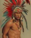 Placeholder: Guaicaipuro, native american god, 30 years old, Muscular warrior, red feathers headdress, shirtless, angry look