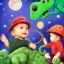 Placeholder: 1yo little szymon is on safari onthe moon. petting a green dinosaur. he has big binoculars and a funny hat. High detailed. Cinematic. Digital painting. Warm lights.