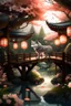 Placeholder: Generate a Japanese-inspired wolf AI art piece. Envision a serene garden with a traditional wooden bridge crossing over a koi pond. Incorporate cherry blossom trees in full bloom, delicate lanterns, and a sense of tranquility. Capture the beauty of Japanese aesthetics and nature in your artwork, half body short.