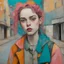 Placeholder: Egon schiele painting of a grunge woman, billie eilish, in the street, orange, pink, turquoise, yellow colors
