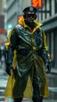 Placeholder: retro futurist, nypd full body color 1920 black policeman with external exoskeleton wtih heavy yellow rain transparent coat