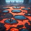 Placeholder: floating over lava ponds large detailed futuristic space farms water towers, , Daylight, blue water , , luminescent , 35 mm focal length