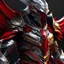 Placeholder: silver and crimson knight armor with glowing red eyes, and a ghostly red flowing cape, crimson trim flows throughout the armor, the helmet is fully covering the face, black and red spikes erupt from the shoulder pads, crimson and gold angel wings are erupting from the back, crimson hair coming out the helmet, spikes erupting from the shoulder pads and gauntlets