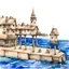 Placeholder: detailed sketch of stone buildings on stilts upon a bustling pier in watercolors and sepia ink
