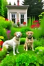 Placeholder: Two dogs, a garden, a house.