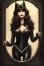 Placeholder: painting of victoria principal as evil queen in black leather, feminie, angry, stern look on her face, volouptous, busty, cleavage, emperious, mature, highly detailed, digital painting, artstation, concept art, smooth, sharp focus, illustration, art by gaston bussiere and alphonse mucha