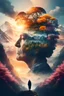 Placeholder: double exposure human-nature, trees, flowers, mountain, sunset, nature mind, expressive creative art, surrealistic concept art, ethereal landscape in a cloud of magic coming out the top of a human head, old woman, incredible details, high-quality, flawless composition, masterpiece, highly detailed, photorealistic, 8k sharp focus quality surroundings