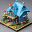 Placeholder: a Detailed Model of diagrams and instructions for creating digital paper houses. A detailed isometric digital illustration. The central focus is a miniature, intricately detailed Miniature Schtroumpfs Smurfs large hollowed-out mushroom style house with gloomy mushrooms outside