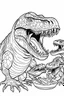 Placeholder: A coloring page, white background T-Rex regurgitating food for its hungry offspring, with the babies eagerly feeding from their parent's mouth. ink drawing clipart, simple line illustrations, colored