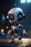 Placeholder: A cute robot being chosen as the official mascot for a horror movie festival..., 4 k, down light, depth of field, trending on art station, high detail, cracked ground