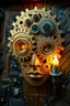 Placeholder: A mechanical click gears in the shape of humane Al Face with golden texture reflecting a dim light from a candle source, Dali style , Busch painting style with computer motherboard filled with chips and electronic components in the background .with to cameras lenses as Eyes