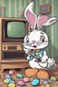 Placeholder: A photo of the easter bunny playing a video game in front of an old tv set