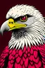 Placeholder: grey background; blood red, white animated eagle who's just eyes and beak are in focus. the eagle is looking down