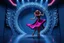 Placeholder: modern stage with gray-blue theme artistic decoration , color full dynamic lighting, a beautiful lady in modern maxy dark purple red dress with shining silver jwells dancing, 3D recursive fractal structure animating background