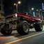 Placeholder: digital photograph, fantastical souped-up car with monster truck tires on futuristic silver hydraulics driving down a city street, dramatic angle, nighttime, cinematic lighting