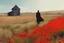 Placeholder: Dufaycolor photo of alone human figure in field, blooming poppies, lonely wooden and abandoned house in distance, watercolor style, professional camera (zoom), Canon EOS R5, edge lighting, cinematic lighting, translucency, extrusion and gradient value change, specular attenuation and contrast, strong ambient occlusion overlay, depth parallax, photorealistic, 4K, 3D