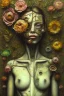 Placeholder: an abstract painting of flowers, by lucian freud and klimpt, rust, scaffolding, iron cladding, decay, mixed media, textured, anatomically correct, beautiful woman perfect face, green eyes, sharp focus, highly detailed. desolate background