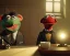 Placeholder: Room scene, muppet head with realistic body detective man, real photo, concept art, retro style, smooth, unreal engine 5, god lights, ray tracing, RTX, lumen lighting, ultra detail, volumetric lighting, 3d.