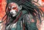 Placeholder: front facing full length portrait illustration of a grunge armored female , beaded dreadlock hair, cyberpunk vampire mercenary wearing an ornate kitsune noh mask , and shemagh, highly detailed with gritty post apocalyptic textures, caught in a cosmic maelstrom of swirling gases , finely detailed facial features and hair, in the graphic novel style of Bill Sienkiewicz, and Jean Giraud Moebius, ink wash and watercolor with realistic light and shadow