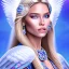 Placeholder: portrait of a beautiful aztecan woman with an angel face smiling,long blond hair, blue eyes, pink and blue dress, jewels, soft light aura