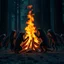 Placeholder: close up one large bonfire with its flames rising high in a clearing, around the bonfire many anthropomorphic wolf humanoids crying, dancing, singing and just watching the flames. rain, cold deep colors, around them in the background dark trees with huge trunks, rainy day, high contrast, high detail, atmospheric, dark fantasy, sci-fi atmosphere, cinematic