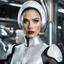 Placeholder: 2010s amateur halloween star trek color photograph of very white Gal Gadot as Space Alien Mrs. Claus as a Silver young shutdown android villain standing in north pole workshop. Gal Gadot as star trek seven of nine. Stern emotionless silver robot stitched bride-of-frankenstein. Wearing silver lipstick, thick silver eyeshadow and mascara. Conical Bride of Frankenstein Hair. Bolts in ears. Hair made of toy plastic. Velvet black suit with silver armor. Has small radio antennae in place of ears. She