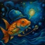 Placeholder: Pez dorado en el fondo del mar, fumando una pipa, que larga burbujas. El pez también usa un sombrero de Sherlock Holmes. El diseño de la imagen debe tener el estilo de Vincent Van Gogh y la paleta de colores de su cuadro la noche estrellada.