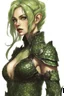 Placeholder: female snake humanoid, green scales, wearing a black leather armor, dungeons and dragons