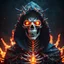 Placeholder: hooded marble skeleton covered with glowing thorns, sharp teeth, evil fire glows in eyes, bright colors, glowing sparkle particles, dark tone, sharp focus, contrast, 8k, incredible depth, dramatic lighting, beautifully intricate details, clean environment, epic dynamic scene