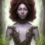 Placeholder: Painting .the face of A young black woman. A wood nymph emerging from the forest. Her hair looks like vines. Dreadlocs. Her skin is the colour of red soil. Her skin looks like tree bark. Her clothing is made of vines, grass and leaves