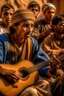 Placeholder: Berber teenager, detailed, hyper realistic, in the middle of a traditional Berber music performance, playing a three-stringed lute (guembri) with intense concentration, surrounded by onlookers in a village festival.