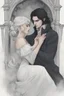 Placeholder: Strahd Von Zarovich, long black hair, being kissed on the mouth by a beautiful woman with white hair, wearing an off the shoulder dress. Settling and background are a lavish toomb with an ebony coffin.