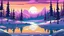 Placeholder: cartoon illustration: beautiful magic frozen lake with pines and purple sky