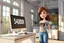 Placeholder: 3D video game character, brunette woman with blue eyes in t-shirt with a cat head on it, blue jeans, standing happily shocked looking at a computer on a desk, there is a sign on the monitor "54000!!!" in an elegant modern room in sunshine