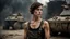 Placeholder: ducking beautiful slender caucasian female technician with a knife, looking away from camera, black tank top, well toned muscles, weathered face, scratched sand camo metal details, short brunette wavy bob haircut, dystopian, postapocalyptic city scene with smoke and explosions. giant satelite dish in the background