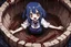 Placeholder: Anime girl with big eyes, darkblue and sepia tones, fullbody, slime, the perspective looking up from the bottom of an empty well, rolling eyes, tongue out, blood drip, open mouth,