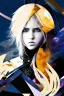 Placeholder: Explosive abstract collage style image of a beautiful anime warrior girl, beautiful blond hair and features, dramatic, pieces of cloth material, textured moon in background, bob wire, gothic surroundings, textures