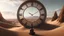 Placeholder: A person sitting inside a gigantic clock in a surreal desert landscape