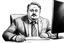 Placeholder: chubby russian man sitting at desk, portrait, speech, nametag, glasses, goatee, short hair, mustache, suit; caricature style, sketch art; black and white; grayscale, pencil drawing