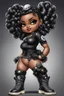 Placeholder: create an airbrush illustration of a chibi cartoon voluptuous black female wearing a black and silver outfit with timberland boots. Prominent make up with hazel eyes. Extremely highly detailed of a long wavy ombre bantu knots. Background of a bike show