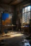 Placeholder: An artist studio with painting stand on it a dark picture of a sad pretty woman . And palate "A very old paints cracked dirty abandoned stage , insanely detailed octane render trending on artstation, 8k artistic photography, photorealistic concept art, soft natural volumetric cinematic perfect light, chiaroscuro, award-winning photograph, masterpiece, oil on canvas, Raphael, Caravaggio, Greg Rutkowski, people, beksinski, Giger
