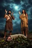 Placeholder: A Stone Age man and his wife crying ,wearing an animal skin cloths standing with anger , looking up to the sky , raising both hands up like prayer. His baby hwho is laying dead on the ground covered with leaves, A cloudy stormy behind a dim lighting of ufo light n the sky,4k, dramatic scene,