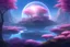 Placeholder: futuristic landscape, uninhabited planet, shiny transparent domes, several suns, magnificent blue light, magnificent trees and nature, blue river and pink flowers over there