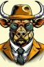 Placeholder: Big, wild, ugly, muscular bull in hat , tie and sunglasses