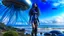 Placeholder: A Long-Haired Woman In A Robotic-Looking Catsuit Standing On A Beach, With Flying Mushrooms with Jellyfish Tentacles, and a crashed Spaceship lying in the water, and a Forest in the distance, photorealistic